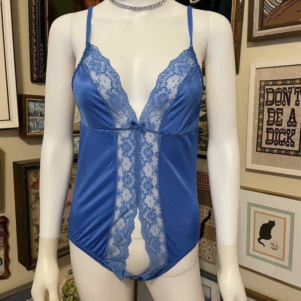 80s Vintage Capri Collection Blue Lace & Satin Teddy Lingerie Size S
